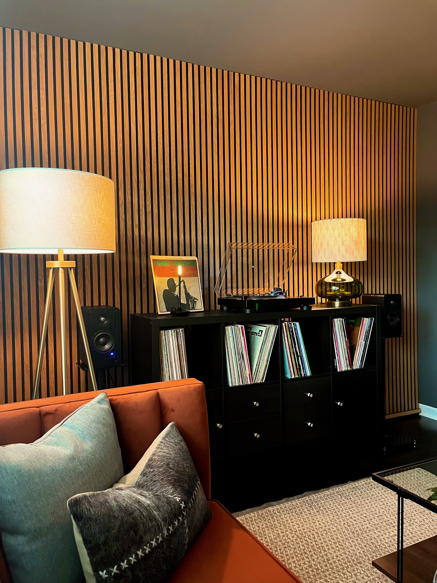 Living room with new walls and organization.