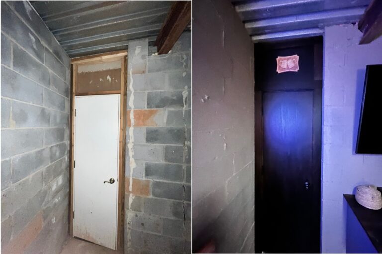 Before and after of a door and drywall repaired by John the Handyman.